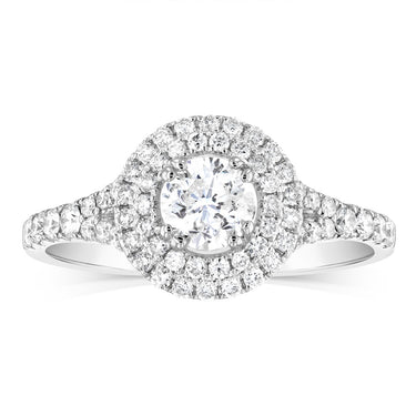 14ct White Gold 1 Carat Brilliant Cut Diamond Solitaire Ring with Double Diamond Halo and Diamond Split Shank