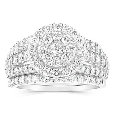 14ct White Gold 1.95 Carat Diamond Halo Bridal 3 Ring set with Brilliant Cut Diamonds