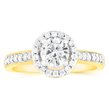 14ct Yellow Gold 1 Carat Brilliant Cut Diamond Halo Solitaire Ring with Diamonds on Shank