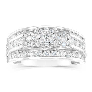 14ct White Gold 1.5 Carat Diamond Trilogy Ring with 3 Round Brilliant Cut Diamonds Surrounded by Diamond Halos and Channel Set Band