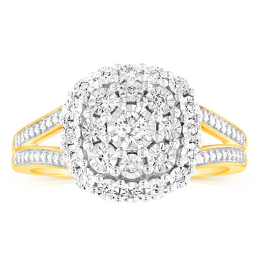 9ct Yellow Gold Cushion Shaped Ring in 1/5 Carat Natural Diamonds