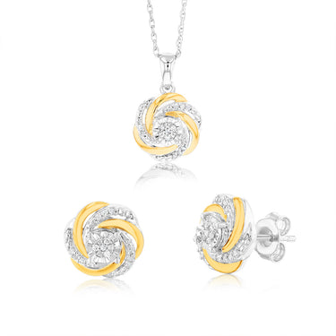 Natural Diamond Round Shaped Pendant+ Earring Set-in Gold-Plated Sterling Silver