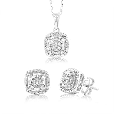 1/10 Carat Natural Diamond Pendant & Earring Set in Sterling Silver