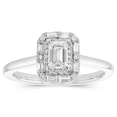 1/2 Carat Diamond Ring With Emerald Cut Centre Diamond Surrounded by Brilliant and Baguette Diamond Halo in Platinum