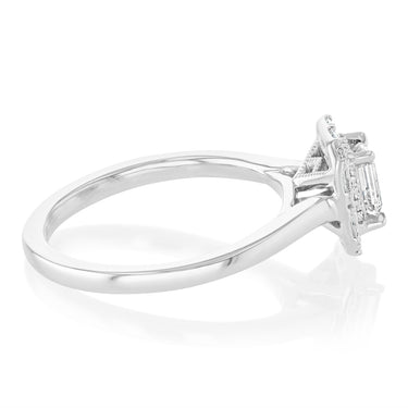 1/2 Carat Diamond Ring With Emerald Cut Centre Diamond Surrounded by Brilliant and Baguette Diamond Halo in Platinum