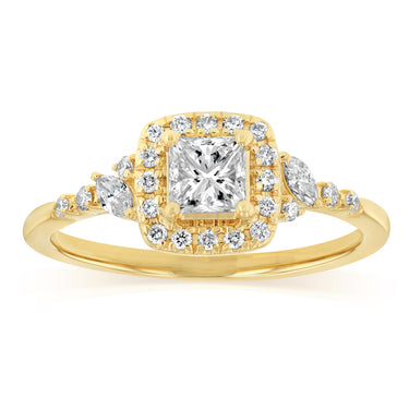 1.14 Carat Diamond Ring with Princess Cut Centre Diamond Surrounded by Brilliant and Marquise Diamonds in 14ct Yellow Gold