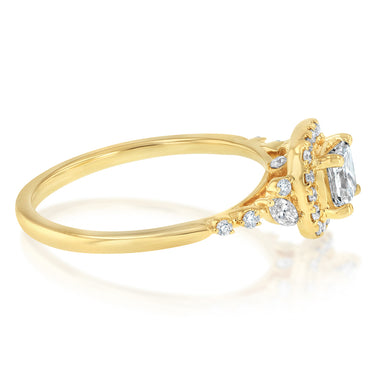 1.14 Carat Diamond Ring with Princess Cut Centre Diamond Surrounded by Brilliant and Marquise Diamonds in 14ct Yellow Gold