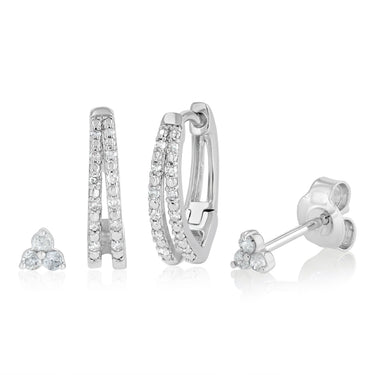 1/5 Carat Diamond Stud and Hoop Earrings Set in Sterling Silver