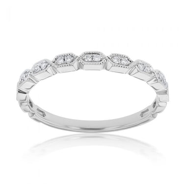 Memoire 18ct White Gold Vintage Round and Flat Hexagon Stack Ring with 18 Diamonds