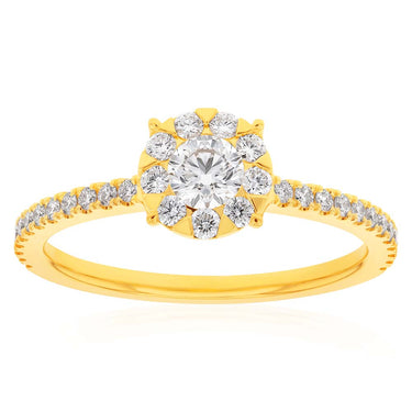 Memoire 18ct Yellow Gold 0.70 Carat Diamond Bouquet Halo Solitire Ring