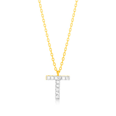 Luminesce Lab Diamond 9ct Yellow Gold T Initial Pendant on Adjustable 45cm Chain