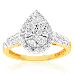 Luminesce Lab Grown Pear Ring with 1/2 Carat 54 Diamonds Set in 9 Carat Yellow Gold