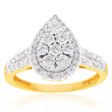 Luminesce Lab Grown Pear Ring with 1/2 Carat 54 Diamonds Set in 9 Carat Yellow Gold