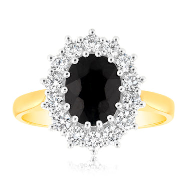 Luminesce Lab Grown 0.70Ct Diamond & Natural Oval Black Sapphire 9x7mm Ring in 9ct Yellow Gold