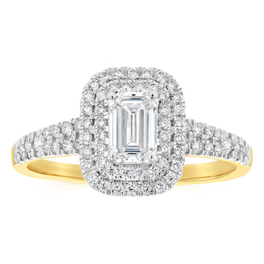 Luminesce Lab Grown 1 Carat Diamond Halo Solitaire Ring Emerald Centre Diamond in 9ct Yellow Gold