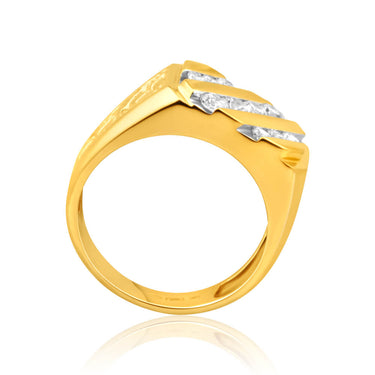 9ct Yellow Gold Diagonal Row Channel Set Cubic Zirconia Gents Ring