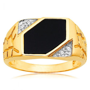 9ct Yellow Gold Plain Onyx and Diamond Patterned Side Gents Ring