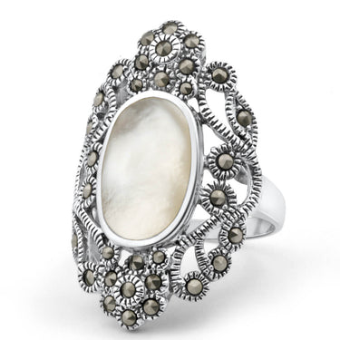 Sterling Silver Mother Of Pearl and Marcasite Ring