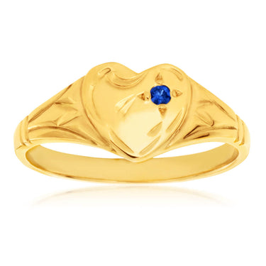 9ct Yellow Gold Sapphire Heart Signet Ring Size H