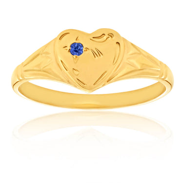 9ct Yellow Gold Sapphire Heart Signet Ring Size L