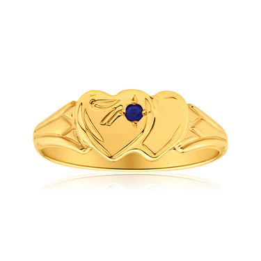 9ct Yellow Gold Sapphire 2Heart Signet Ring Size H