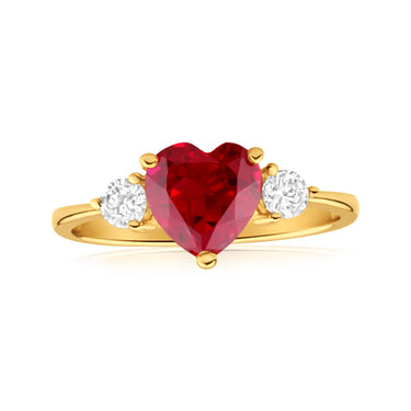 9ct Yellow Gold Engraved 'I Love You' Created Ruby and Cubic Zirconia Ring