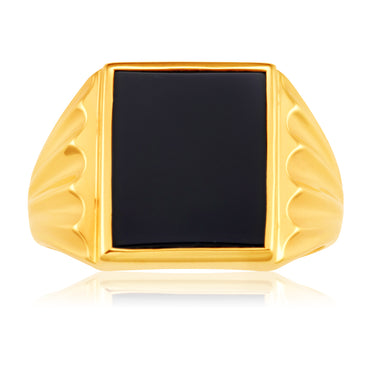 9ct Yellow Gold Onyx 14x12mm Gents Ring