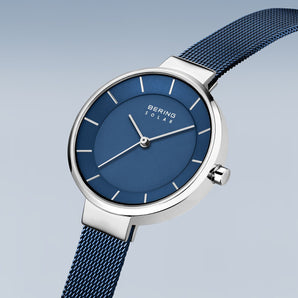 Bering Solar 31mm Silver Blue Milanese Strap Watch
