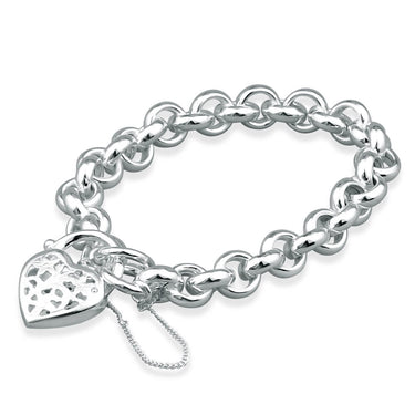 Sterling Silver Hollow Belcher Filigree Heart Padlock Bracelet