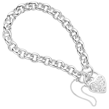 Sterling Silver Hollow Belcher Filigree Heart Padlock Bracelet