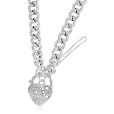 Sterling Silver Curb Filigree Heart Bracelet