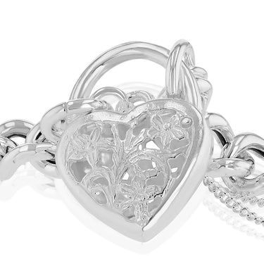 Sterling Silver Curb Filigree Heart Bracelet