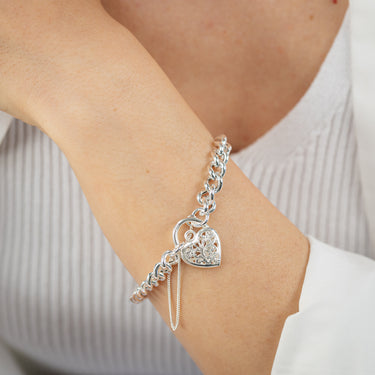 Sterling Silver Curb Filigree Heart Bracelet