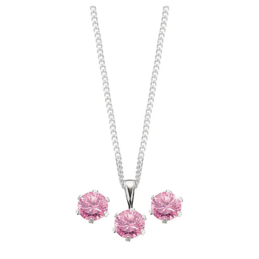 Sterling Silver Pink Cubic Zirconia Stud Earrings and Pendant on Chain Set
