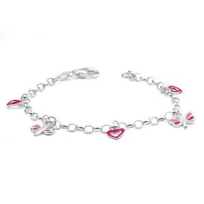 Sterling Silver Heart and Dragonfly Pink Enamel 16cm Bracelet