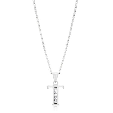 Sterling Silver Cubic Zirconia  Initial "T"  Pendant