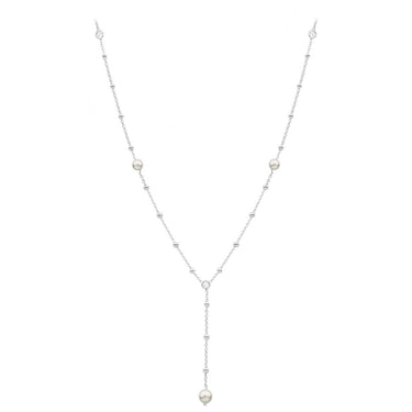 Sterling Silver Ball Link Simulated Pearl + Zirconia Y Chain