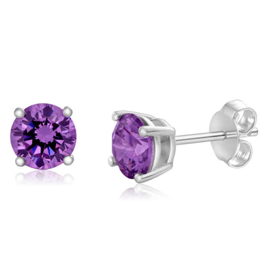 Sterling Silver Zirconia Round 6.55mm Purple Stud Earrings