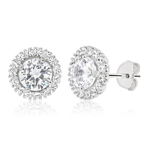 Sterling Silver Rhodium Plated Cubic Zirconia Round Halo Stud Earrings