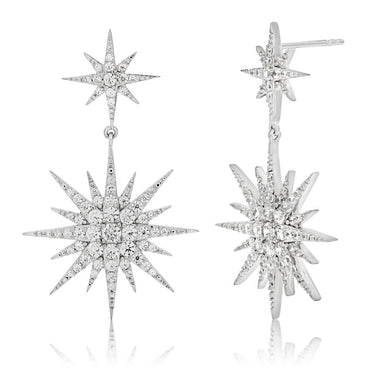 Sterling Silver Rhodium Plated Starburst Cubic Zirconia Drop Earrings