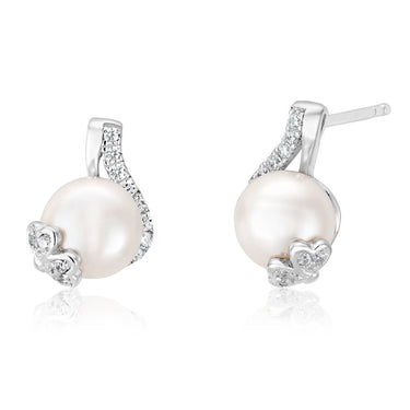 Sterling Silver Rhodium Plated Cubic Zirconia + Pearl Wrap Stud Earrings