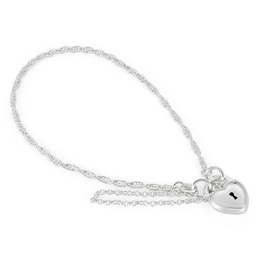Sterling Silver Rope Puff Heart Padlock Bracelet