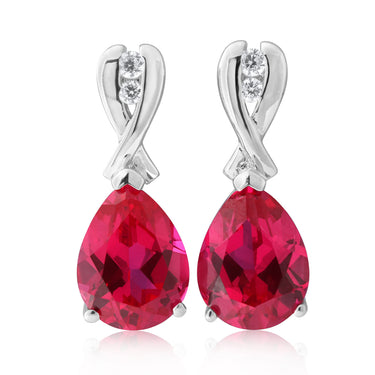 Sterling Silver Rhodium Plated Created Ruby and Cubic Zirconia Drop Earrings