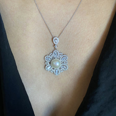 Sterling Silver Rhodium Plated Freshwater Pearl and Zirconia Pendant