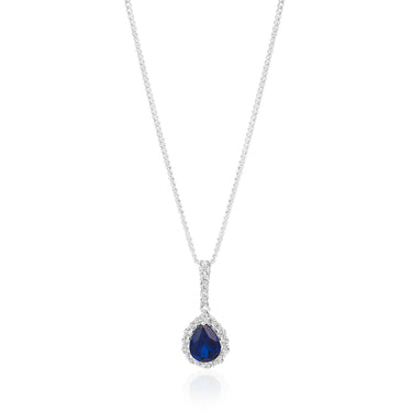 Sterling Silver Rhodium Plated Created Sapphire Pear Cut and Zirconia Halo Pendant
