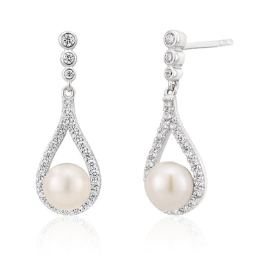 Sterling Silver Rhodium Plated Freshwater Pearl and Zirconia Teardrop Earrings