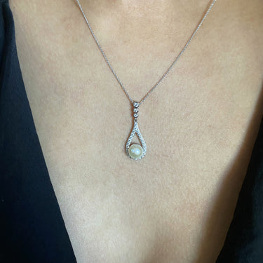 Sterling Silver Rhodium Plated Freshwater Pearl and Zirconia Teardrop Pendant