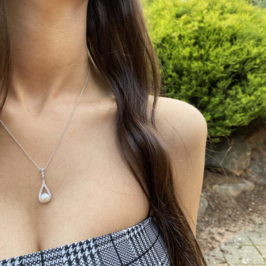 Sterling Silver Rhodium Plated Freshwater Pearl and Zirconia Teardrop Pendant