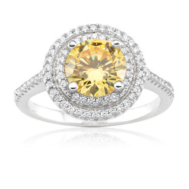 Sterling Silver Yellow Cubic Zirconia Solitaire Pendant Chain and Halo Ring Set