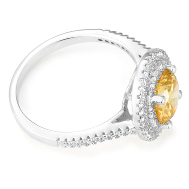 Sterling Silver Yellow Cubic Zirconia Solitaire Pendant Chain and Halo Ring Set